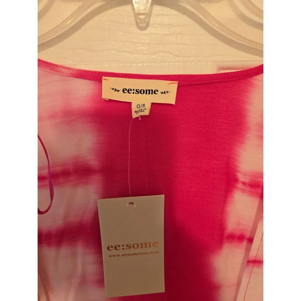 O/S EE:SOME Fuchsia White Tye Dye Ruana Kimono Coverup - Picture 2 of 6